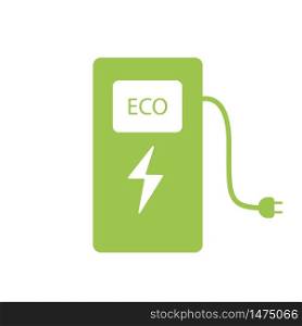 Power station for vehicles. Green car charger icon. Green Vector illustration of a hybrid car battery charging. The charging point of electric cars. Stock Photo.