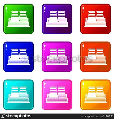 Power station icons of 9 color set isolated vector illustration. Power station set 9