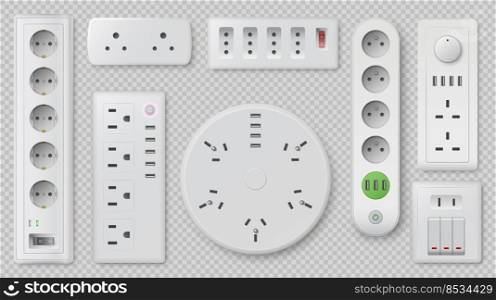 Power strip. Realistic electric elements. 3D white plastic sockets. Isolated triple cable connectors. Switch devices top view. USB ports. Round and square shape. Electricity energy. Decent vector set. Power strip. Realistic electric elements. 3D white plastic sockets. Triple cable connectors. Switch devices. USB ports. Round and square shape. Electricity energy. Decent vector set