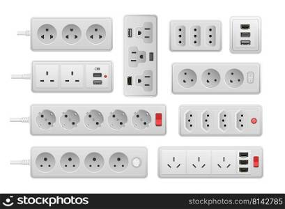 Power strip. Realistic electric wall socket extension, 3D AC current equipment with different ports connectors and cords. Vector set. Portable extension with ports for appliances isolated on white. Power strip. Realistic electric wall socket extension, 3D AC current equipment with different ports connectors and cords. Vector set