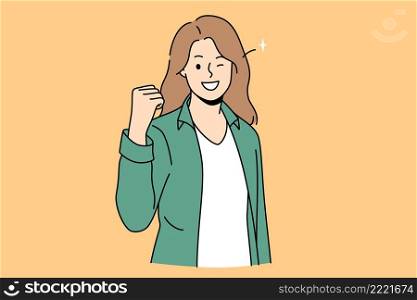Power success and positive emotions concept. Smiling woman standing showing fist meaning success luck and achieving some goal vector illustration . Power success and positive emotions concept