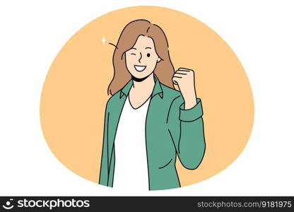 Power success and positive emotions concept. Smiling woman standing showing fist meaning success luck and achieving some goal vector illustration. Power success and positive emotions concept