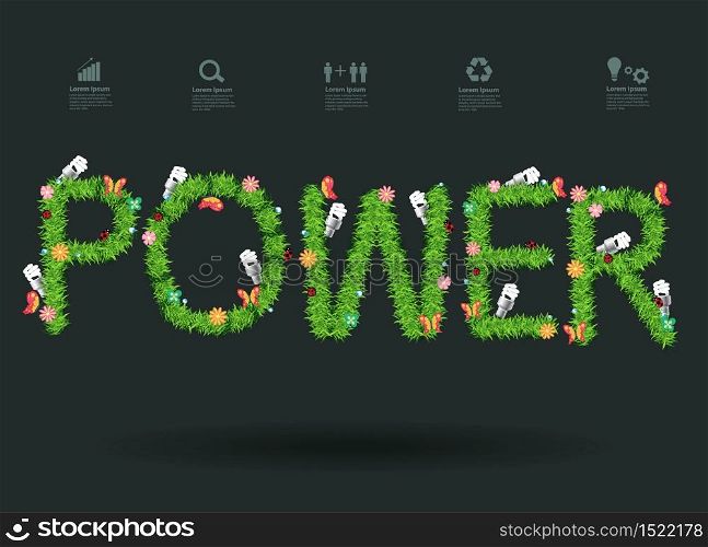 Power text eco concept with green grass alphabet letters design, Vector illustration modern design template
