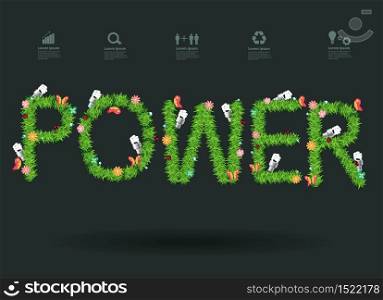 Power text eco concept with green grass alphabet letters design, Vector illustration modern design template