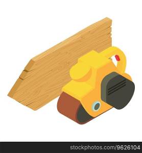 Power tool icon isometric vector. Handheld electric power tool and wooden plank. Construction and repair work. Power tool icon isometric vector. Handheld electric power tool and wooden plank