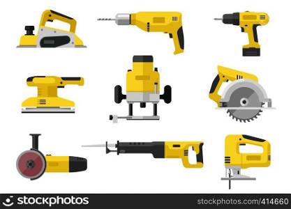 Power tools. Yellow electric industrial tools. Flat illustrations of saws, drill planer grinders screwdriver.. Power electric tools