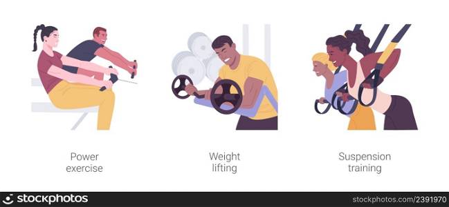 Power training isolated cartoon vector illustrations set. Power exercise, weight lifting, suspension training, bodybuilding exercises, sport equipment, workout routine in a gym vector cartoon.. Power training isolated cartoon vector illustrations set.