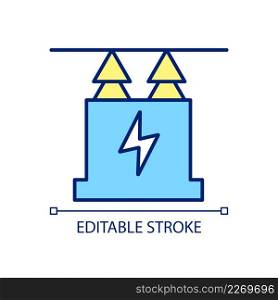 Power transformer blue and yellow RGB color icon. Electricity generating substation equipment. Isolated vector illustration. Simple filled line drawing. Editable stroke. Arial font used. Power transformer blue and yellow RGB color icon