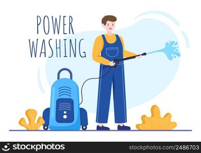 Power Washing Machine Cleaner with Various Cleaning Tools and Outside Cleanup Service in Flat Cartoon Background Illustration