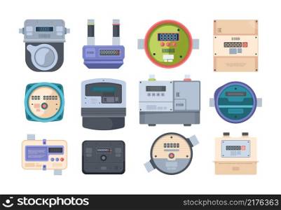Power water meters. Counters gas measurements instruments display box garish vector flat pictures set. Measurement gas and water, power equipment illustration. Power water meters. Counters gas measurements instruments display box garish vector flat pictures set
