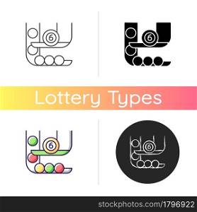 Powerball icon. Two-drum lottery game. Randomly picking winning numbers. Game with million-dollar jackpot chance. Red and white balls. Linear black and RGB color styles. Isolated vector illustrations. Powerball icon