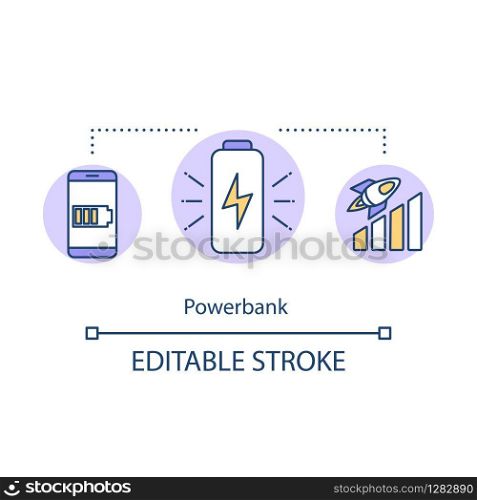 Powerbank concept icon. Convenient tourism, gadget battery charge boost idea thin line illustration. Portable recharging device. Vector isolated outline RGB color drawing. Editable stroke