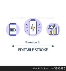 Powerbank concept icon. Convenient tourism, gadget battery charge boost idea thin line illustration. Portable recharging device. Vector isolated outline RGB color drawing. Editable stroke