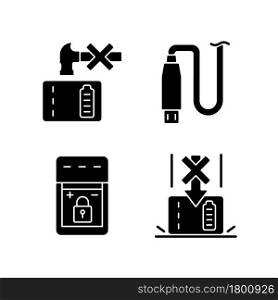 Powerbank for gadget user black glyph manual label icons set on white space. Device vital components damage. Silhouette symbols. Vector isolated illustration for product use instructions. Powerbank for gadget user black glyph manual label icons set on white space