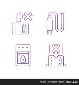Powerbank for gadget user gradient linear vector manual label icons set. Device damage. Thin line contour symbols bundle. Isolated outline illustrations collection for product use instructions. Powerbank for gadget user gradient linear vector manual label icons set