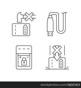 Powerbank for gadget user linear manual label icons set. Device damage. Customizable thin line contour symbols. Isolated vector outline illustrations for product use instructions. Editable stroke. Powerbank for gadget user linear manual label icons set