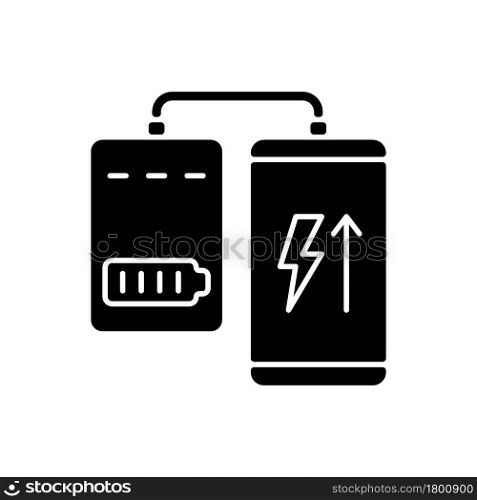 Powerbank for mobile phone black glyph manual label icon. Connect device to charger. Phone charging. Silhouette symbol on white space. Vector isolated illustration for product use instructions. Powerbank for mobile phone black glyph manual label icon