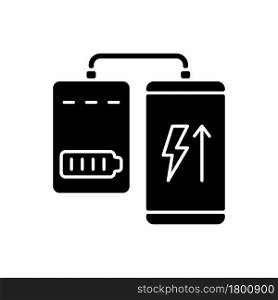Powerbank for mobile phone black glyph manual label icon. Connect device to charger. Phone charging. Silhouette symbol on white space. Vector isolated illustration for product use instructions. Powerbank for mobile phone black glyph manual label icon