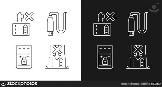 Powerbank for phone user linear manual label icons set for dark and light mode. Customizable thin line symbols. Isolated vector outline illustrations for product use instructions. Editable stroke. Powerbank for phone user linear manual label icons set for dark and light mode