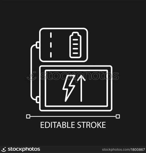 Powerbank for tablet white linear manual label icon for dark theme. Thin line customizable illustration. Isolated vector contour symbol for night mode for product use instructions. Editable stroke. Powerbank for tablet white linear manual label icon for dark theme