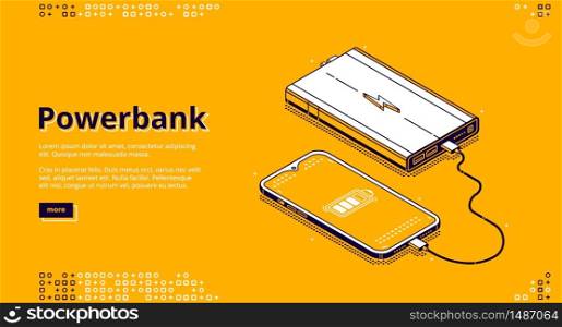 Powerbank isometric landing page. Smartphone with charging level on screen wire connected with power bank portable device. Mobile phone or cellphone low battery charger, 3d vector line art, web banner. Powerbank smartphone charging isometric landing