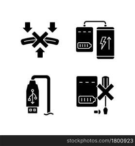 Powerbank proper use black glyph manual label icons set on white space. Smartphone charger. Compatibility. USB output. Silhouette symbols. Vector isolated illustration for product use instructions. Powerbank proper use black glyph manual label icons set on white space