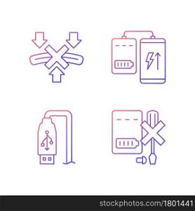 Powerbank proper use gradient linear vector manual label icons set. Smartphone charger. Thin line contour symbols bundle. Isolated outline illustrations collection for product use instructions. Powerbank proper use gradient linear vector manual label icons set