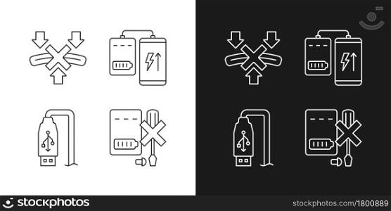 Powerbank proper use linear manual label icons set for dark and light mode. Customizable thin line symbols. Isolated vector outline illustrations for product use instructions. Editable stroke. Powerbank proper use linear manual label icons set for dark and light mode