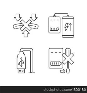 Powerbank proper use linear manual label icons set. Smartphone charger. Customizable thin line contour symbols. Isolated vector outline illustrations for product use instructions. Editable stroke. Powerbank proper use linear manual label icons set