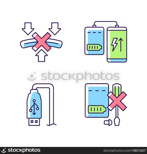 Powerbank proper use RGB color manual label icons set. Smartphone charger. USB output. Isolated vector illustrations. Simple filled line drawings collection for product use instructions. Powerbank proper use RGB color manual label icons set