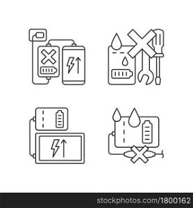 Powerbank use linear manual label icons set. Compatible with device. Customizable thin line contour symbols. Isolated vector outline illustrations for product use instructions. Editable stroke. Powerbank use linear manual label icons set