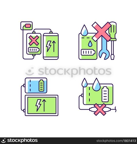 Powerbank use RGB color manual label icons set. Compatible with device. Not serviceable charger. Isolated vector illustrations. Simple filled line drawings collection for product use instructions. Powerbank use RGB color manual label icons set