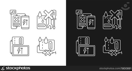 Powerbank use rules linear manual label icons set for dark and light mode. Customizable thin line symbols. Isolated vector outline illustrations for product use instructions. Editable stroke. Powerbank use rules linear manual label icons set for dark and light mode