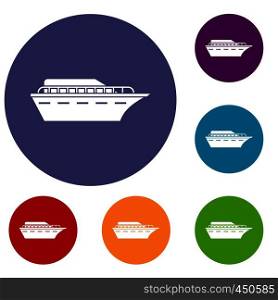 Powerboat icons set in flat circle reb, blue and green color for web. Powerboat icons set