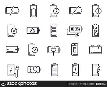 Powered charge icon. Battery charging, smartphone power level, electric charge station and recycle line art elements for UI design vector isolated icons set. Battery life indicator pictograms. Powered charge icon. Battery charging, smartphone power level, electric charge station and recycle line art elements for UI design vector isolated icons set. Contour pictograms. Battery life indicator