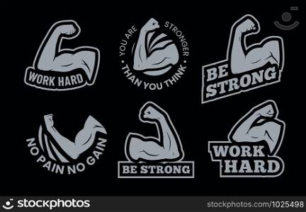 Powerful biceps muscle inspirational quotes. Be strong, work hard arm muscles and power gym. Bodybuilding and fitness signs, athletic exercise badge or motivation quotes. Isolated vector icons set. Powerful biceps muscle inspirational quotes. Be strong, work hard arm muscles and power gym. Bodybuilding and fitness signs vector set