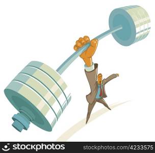 Powerful businessman lifting barbell by one hand. Vector illustration.