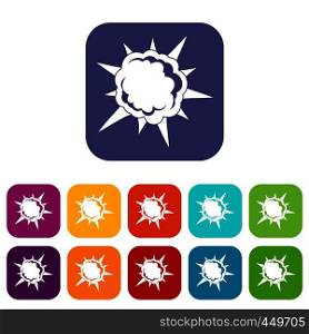 Powerful explosion icons set vector illustration in flat style In colors red, blue, green and other. Powerful explosion icons set flat
