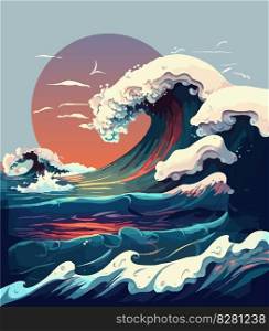 Powerful foamy sea waves rolling illustration vector flat.