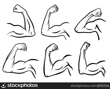 Powerful hand muscle. Strong arm muscles, hard biceps and hands strength outline. Muscular logo, healthy bodybuilding bicep badge or gym logotype. Isolated vector illustration signs set. Powerful hand muscle. Strong arm muscles, hard biceps and hands strength outline vector illustration set