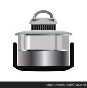 Powerful kitchen combine in shiny metallic corpus. Electric appliance for cooking and to process food. Kitchen supply isolated vector illustration.. Powerful Kitchen Combine in Shiny Metallic Corpus