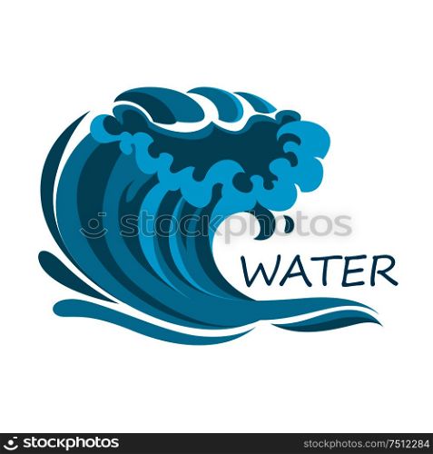 Powerful ocean wave symbol with water curl, foam and splashes isolated on white background. For nature theme design. Ocean wave symbol with foam and splashes