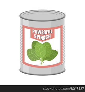 Powerful spinach. Canned spinach. Canning pot with lettuce leaves. Delicacy for vegetarians. Vector illustration&#xA;