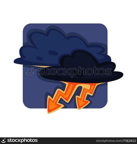 Powerful thunderstorm that can burn and spread fire. Dark clouds with bright lightnings. Natural disaster caused by produced electricity in atmosphere isolated cartoon flat square vector illustration.. Powerful thunderstorm that can burn and spread fire