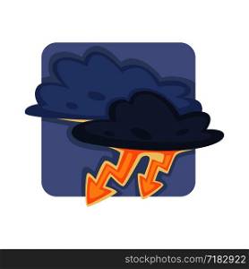 Powerful thunderstorm that can burn and spread fire. Dark clouds with bright lightnings. Natural disaster caused by produced electricity in atmosphere isolated cartoon flat square vector illustration.. Powerful thunderstorm that can burn and spread fire