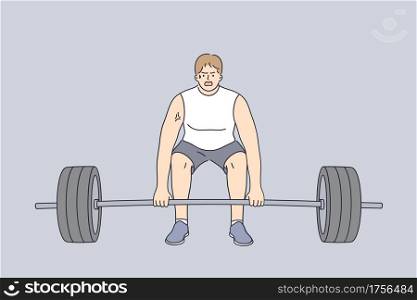 Powerlifting, sport lifestyle, weight lifting concept. Aggressive strong muscular man in sportswear doing deadlift Exercise during workout vector illustration . Powerlifting, sport lifestyle, weight lifting concept