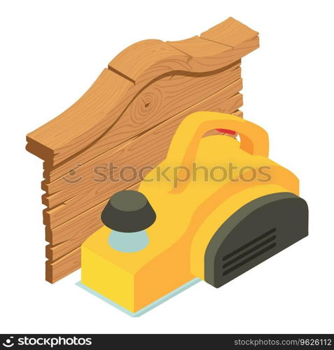 Powertool icon isometric vector. Yellow power electro planer and wooden board. Electric planer, construction and repair work. Powertool icon isometric vector. Yellow power electro planer and wooden board