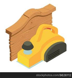 Powertool icon isometric vector. Yellow power electro planer and wooden board. Electric planer, construction and repair work. Powertool icon isometric vector. Yellow power electro planer and wooden board