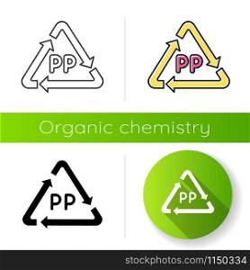 PP symbol icon. Thermoplastic polymer marking. Resin identification code. Arrow triangle. Organic chemistry. Flat design, linear, black and color styles. Isolated vector illustrations