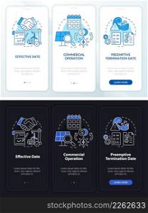 PPA contract timeline night and day mode onboarding mobile app screen. Walkthrough 3 steps graphic instructions pages with linear concepts. UI, UX, GUI template. Myriad Pro-Bold, Regular fonts used. PPA contract timeline night and day mode onboarding mobile app screen